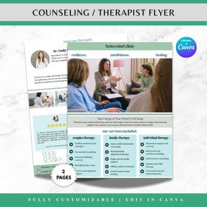May include: A two-page counseling flyer with the text "Counseling / Therapist Flyer." The flyer includes the Bettermind Clinic logo, a photo of a therapist with clients, and lists services such as couples, family, and individual therapy.