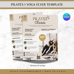 Puede incluir: Una plantilla de folleto de clase de Pilates con un fondo beige. El folleto incluye el texto "PILATES Class" y detalles sobre el estudio, el tipo de clase, los instructores y el costo de la sesión. El folleto también presenta imágenes de personas haciendo ejercicios de Pilates.