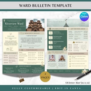 Könnte beinhalten: Eine zweiseitige Kirchenbulletin-Vorlage mit dem Titel Ward Bulletin Template in Dunkelgrün und Creme. Das Layout enthält Abschnitte für bevorstehende Veranstaltungen, Gemeindeinformationen, Geburtstage und eine ministerielle Botschaft.