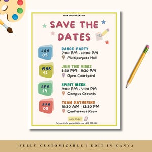 Op de afbeelding: Lichtbeige flyer met groene rand, met de tekst "SAVE THE DATES" in roze. Het bevat evenementdetails voor januari, maart, april en juni. Een potlood en een verfpalet staan op de achtergrond. De flyer is volledig aanpasbaar.