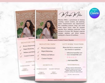 Printable Speaker Sheet Template Editable Keynote Speaker One Sheet Conference Speaker Template Professional Speaker Profile Media Press Kit