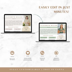 May include: A customisable Canva template for a therapist's website. The template features a photo of a therapist, a description of their services, and a call to action to book a consultation. The template is easily editable, allowing users to change the colours, fonts, and text to match their brand.