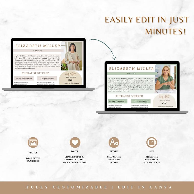 May include: A customisable Canva template for a therapist's website. The template features a photo of a therapist, a description of their services, and a call to action to book a consultation. The template is easily editable, allowing users to change the colours, fonts, and text to match their brand.