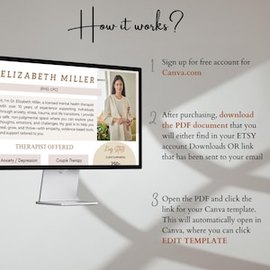 May include: A computer screen displaying a website with a light brown background and a white text box. The text box contains the words "How it works?" in a dark brown font. The website is for a therapist named Elizabeth Miller, who offers anxiety/depression and couple therapy. The website also includes a section on how to purchase and download a Canva template.