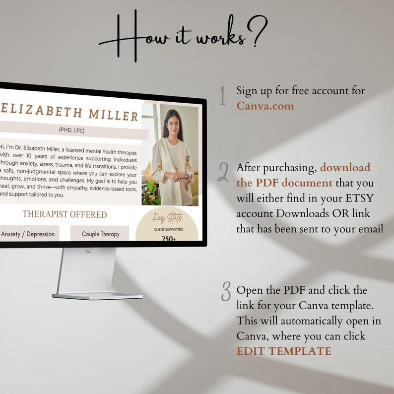 May include: A computer screen displaying a website with a light brown background and a white text box. The text box contains the words "How it works?" in a dark brown font. The website is for a therapist named Elizabeth Miller, who offers anxiety/depression and couple therapy. The website also includes a section on how to purchase and download a Canva template.