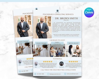 Counseling Psychologist Flyer, Mental Health Flyer, Therapist Flyer for Counselor, Counseling Services Template, Editable Therapist Flyer
