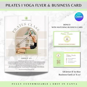 Könnte beinhalten: Flyer- und Visitenkartendesign für ein Pilates- und Yogastudio. Der Flyer zeigt eine Frau beim Pilates. Die Visitenkarte enthält den Namen und die Kontaktdaten des Studios. Das Design ist in Canva vollständig anpassbar.