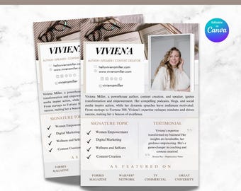 Printable Speaker Sheet Template Editable Keynote Speaker One Sheet Conference Speaker Template Professional Speaker Profile Media Press Kit