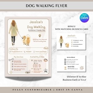 Peut inclure: Flyer et carte de visite pour promeneur de chiens. L'illustration montre une personne promenant un chien. Le texte comprend "Jessica's Dog Walking" et les détails des services. La carte de visite reprend le design.