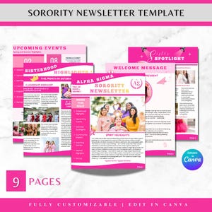 Op de afbeelding: Een roze en witte sorority nieuwsbrief sjabloon met de tekst "Sorority Newsletter Template". Het bevat secties voor aankomende evenementen, hoogtepunten en een welkomstbericht. De sjabloon is volledig aanpasbaar en bewerkbaar in Canva.