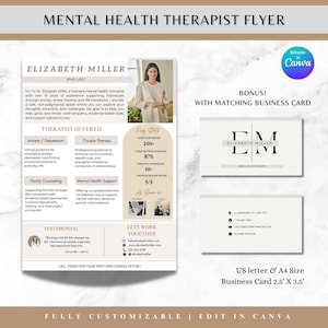 May include: A beige and brown flyer featuring a photo of a woman smiling. The flyer advertises mental health therapy services offered by Elizabeth Miller, PhD, LPC. The flyer lists services offered, testimonials, and contact information. A matching business card is included as a bonus.