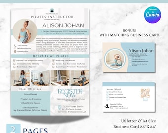 May include: A flyer for a Pilates studio with a blue and white color scheme. The flyer features a photo of a woman doing Pilates on a reformer. The flyer includes the text "PILATES I YOGA I FITNESS FLYER", "ALISON JOHAN", "Certified Pilates Instructor", "REGISTER NOW", "Grace Pilates Studio", "123 Wellness Avenue", "Downtown Wellness District, LA", and "US letter & A4 Size Business Card 2.5' X 3.5'".