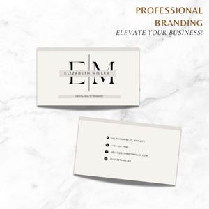 May include: A white business card with black text. The front of the card features the initials "EM" in a large font, with the name "Elizabeth Miller" and the title "Mental Health Therapist" in a smaller font. The back of the card has contact information, including an address, phone number, email address, and website.