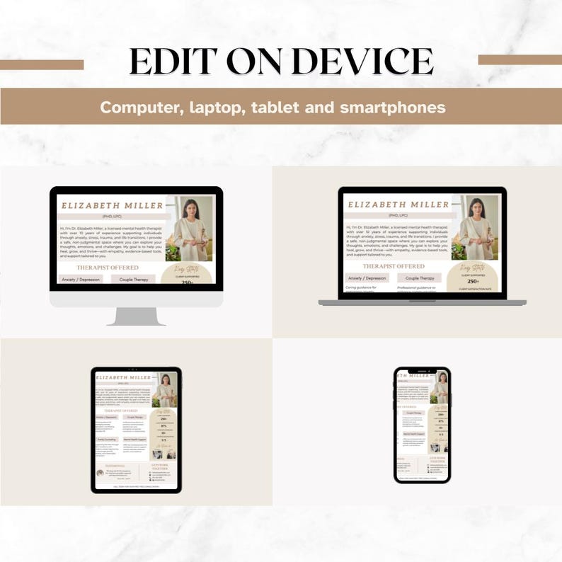 May include: A website mockup displaying a therapist's website on a computer, laptop, tablet, and smartphone. The website features a photo of the therapist, a description of their services, and a call to action to book a consultation.