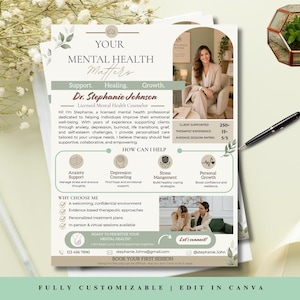 Puede incluir: Una plantilla de folleto para consejero de salud mental con el texto Your Mental Health Matters, Dr. Stephanie Johnson, y secciones para servicios, experiencia y datos de contacto. El diseño incluye acentos en verde suave, fotos de un consejero e iconos para apoyo en ansiedad, depresión, estrés y crecimiento.