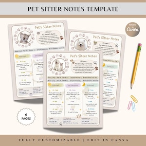 Puede incluir: Una plantilla de notas para cuidadores de mascotas con un fondo beige claro. La plantilla incluye espacios para detalles de mascotas, rutinas diarias e información de contacto. El texto "Pet Sitter Notes Template" está en la parte superior. Un lápiz y clips de papel están a la derecha.