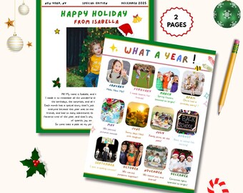 May include: A two-page Christmas newsletter with a green border. The headline reads "THE CHRISTMAS NEWS" and "HAPPY HOLIDAY FROM ISABELLA." The second page features photos from each month of the year. A pencil and candy cane are also in the image.