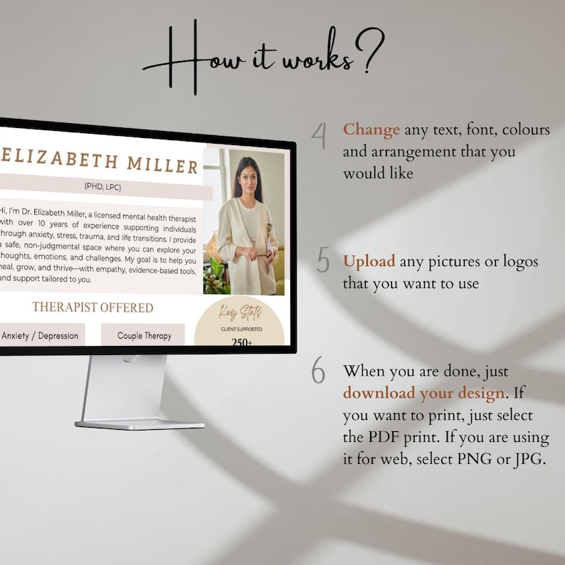 May include: A computer screen displaying a website template for a therapist's website. The template features a photo of a woman, a description of the therapist's services, and a call to action to book a consultation. The text on the screen reads "How it works?" and includes instructions on how to customise the template.