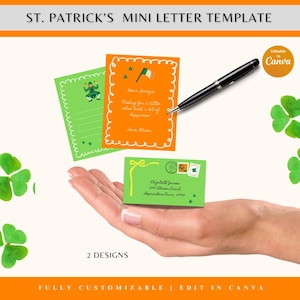 May include: St. Patrick's Day mini letter template with two designs. One orange card with a shamrock and Irish flag, and a green card with a leprechaun. A green envelope is held in a hand. The text says "Fully Customizable | Edit in Canva".