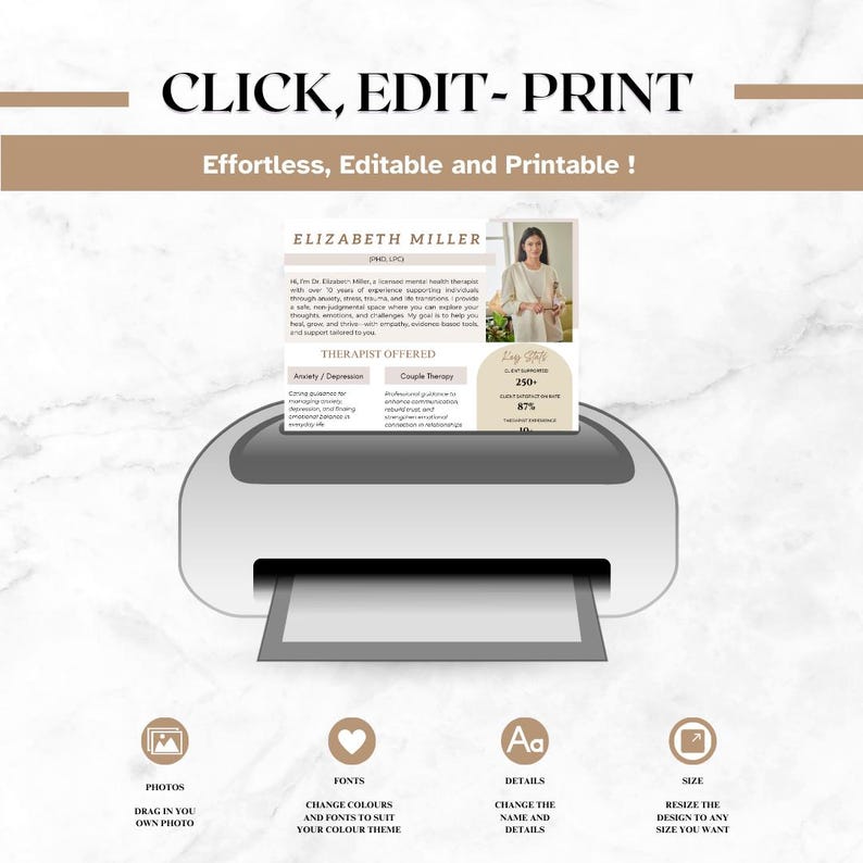 May include: A printable template for a therapist's business card. The template features a photo of a woman, the therapist's name, and a list of services offered. The template is customisable with photos, fonts, and details.