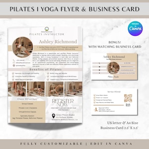 Può includere: Un set di volantini e biglietti da visita per Pilates e Yoga. Il volantino presenta una foto di una donna che fa Pilates, con testo tra cui "Ashley Richmond, Istruttore di Pilates". Il biglietto da visita ha lo stesso design. Il volantino e la carta sono completamente personalizzabili.