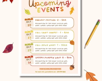 May include: A fall-themed event flyer with the title "Upcoming Events" in brown and yellow. It lists four events: Harvest Festival, Fall Craft Market, Fall Movie Night, and Spooky Pumpkin Walk, with dates and times. The flyer is customizable.