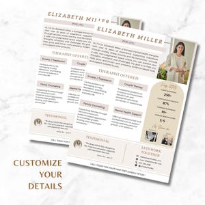 May include: A beige and brown flyer featuring a smiling woman. The flyer advertises a therapist named Elizabeth Miller, PhD, LPC. The flyer lists services offered, including anxiety and depression, couple therapy, family counselling, and mental health support. The flyer also includes testimonials and key stats about the therapist.