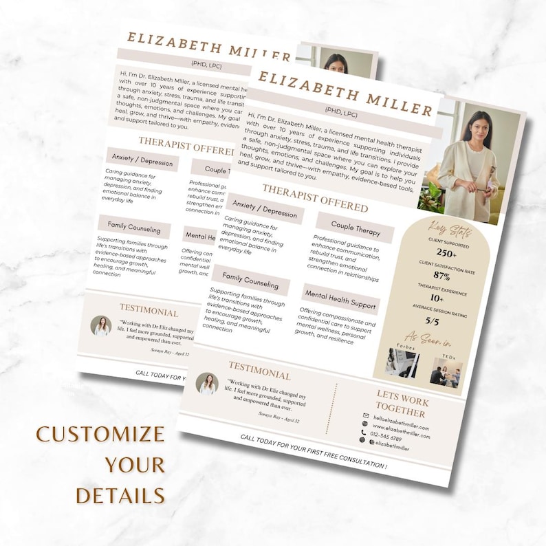 May include: A beige and brown flyer featuring a smiling woman. The flyer advertises a therapist named Elizabeth Miller, PhD, LPC. The flyer lists services offered, including anxiety and depression, couple therapy, family counselling, and mental health support. The flyer also includes testimonials and key stats about the therapist.