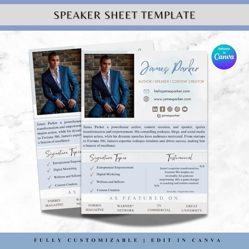 Modern Speaker Sheet Template Speaker One Pager Flyer Speaker Biography ...