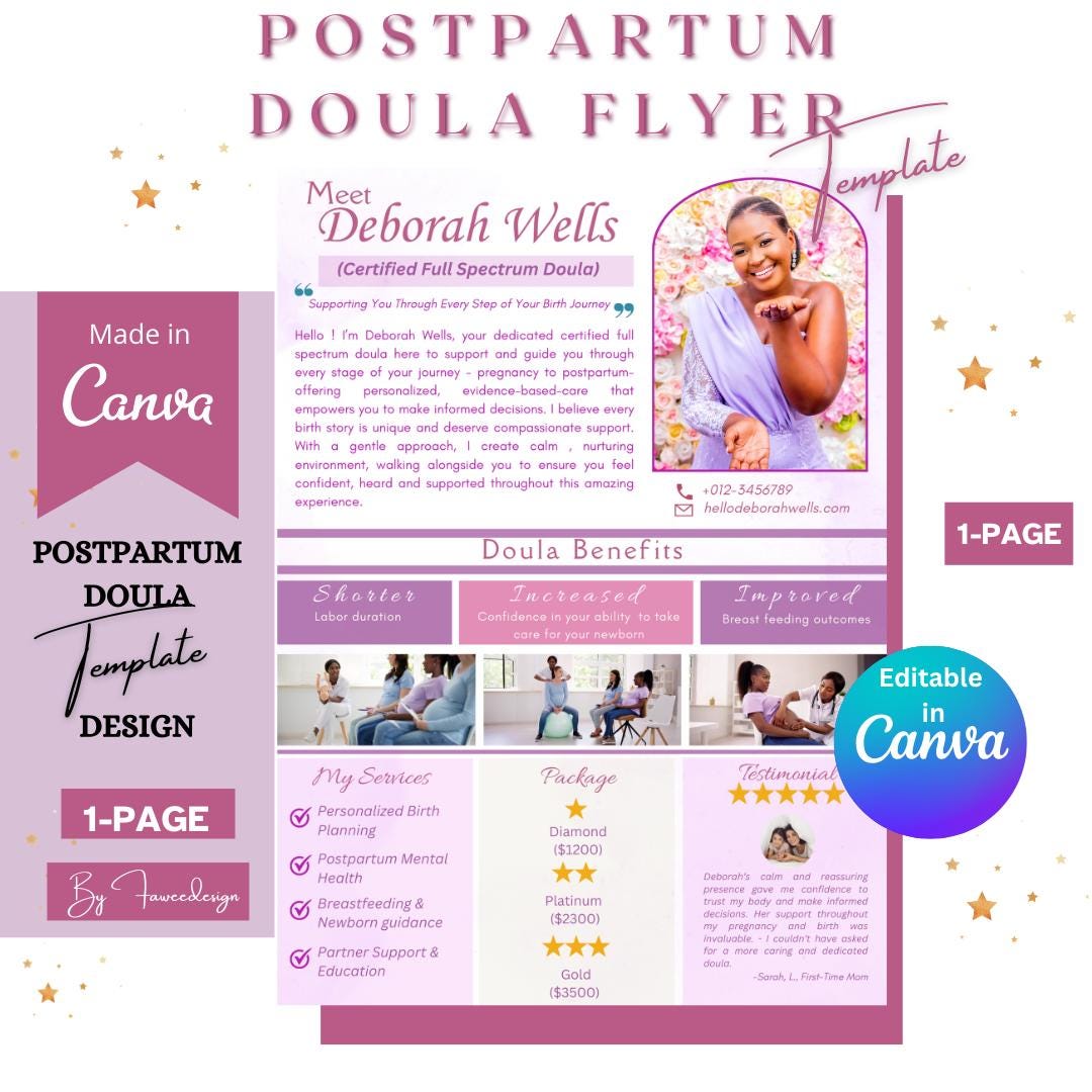 Postpartum Doula Flyer Birth Doula Template Birth Plan for Midwives ...