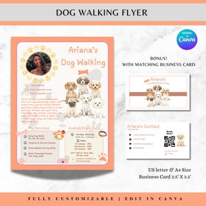Modello di volantino per servizio di pet sitting, volantino per passeggiate con il cane, listino prezzi per servizio di pet sitting, profilo del dog walker, biglietto da visita per servizio di pet sitting, dog sitter