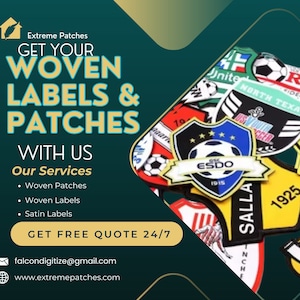 Puede incluir: Un gráfico verde y dorado con el texto "Get Your Woven Labels & Patches With Us" y una lista de servicios: Woven Patches, Woven Labels, Satin Labels. El gráfico también incluye una dirección de correo electrónico de contacto y una dirección de sitio web. El fondo del gráfico presenta una colección de parches tejidos coloridos con varios diseños.