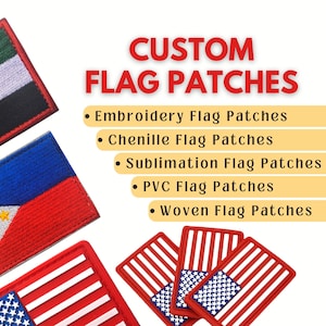 Może przedstawiać: Niestandardowe łatki z flagami w różnych stylach, w tym haftowane, chenille, sublimacyjne, PVC i tkane. Obraz przedstawia przykłady łat w kolorach flag Zjednoczonych Emiratów Arabskich, Filipin i Stanów Zjednoczonych.