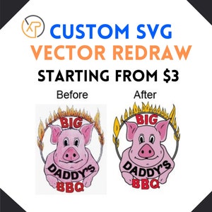 May include: Before and after images of a logo design for a business called "Big Daddy's BBQ". The logo features a cartoon pig with flames around it. The before image is a hand-drawn version of the logo, while the after image is a vectorised version of the logo.
