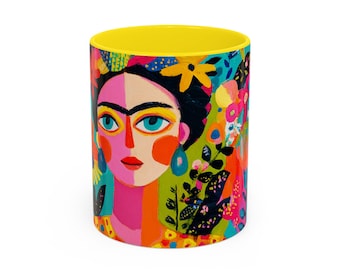 Colorful Floral Frida abstract Portrait Coffee Mug | Accent 11oz & 15oz