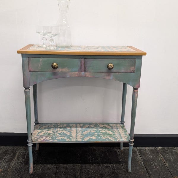 Boho muted blue green pink hallway table, copper and stencil, console table