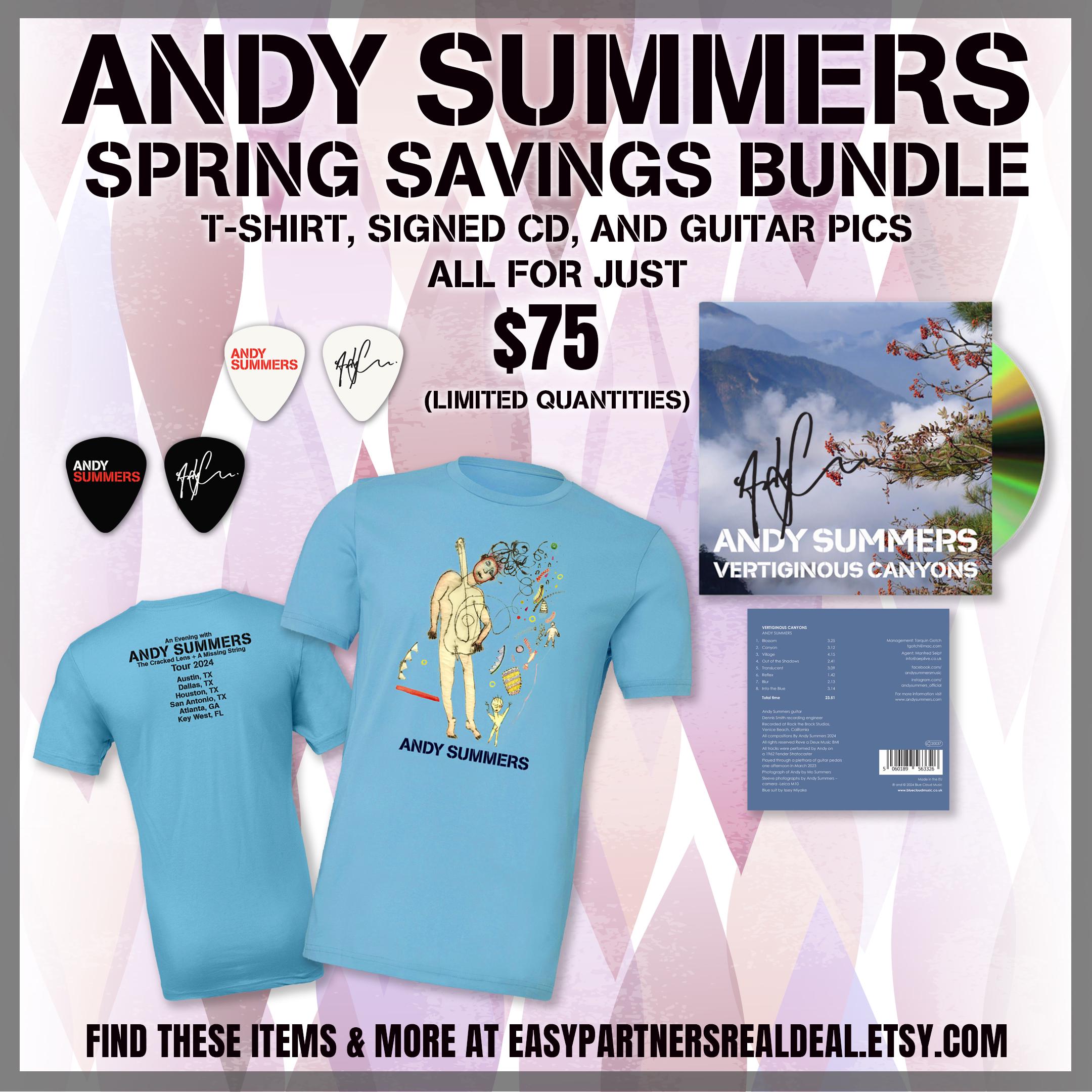 NEW Andy Summers SIGNED Vertiginous Canyons CD T-Shirt Guitar Pic Bundle