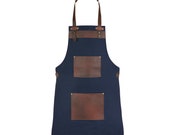 Real Leather Blue Canvas Apron Butcher Apron - Cook Apron - BBQ Apron - Cooking Apron - Hair Stylist Apron - Woodcutting Apron - Goldsmith