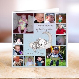 Carte photo ours endormi - Parfaite pour un 1er anniversaire ou un baptême, personnalisable avec 12 photos, joli motif bébé ours, carte souvenir