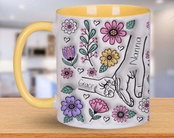 Personalised Hand Holding Mug, Unique Gift for Mum, Grandma, Add up to 6 Children’s Names, Perfect for Christmas, Birthday and Mother’s Day