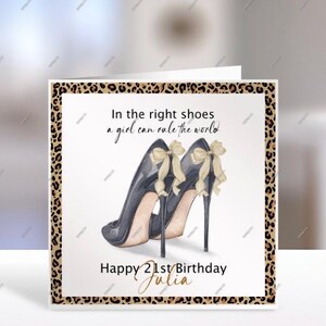 Carte personnalisée de chaussures à imprimé léopard, carte de joyeux anniversaire, Cerdyn Penblwydd Hapus, carte de ballons, carte de voeux, carte personnalisée pour elle