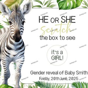 Personalised Gender Reveal Scratch to Reveal | Boy or Girl | Pink or Blue | Baby Shower | Gender Guessing Game | Safari Theme | Mum to Be