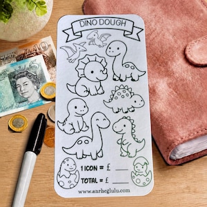 Peut inclure: Une carte rectangulaire blanche intitulée DINO DOUGH avec des illustrations au trait noir de divers dinosaures, dont un tricératops, des dinosaures à long cou et des nouveau-nés dans des œufs, avec les champs 1 ICON = £ et TOTAL = £.