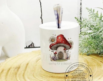 Hucha personalizada con forma de casita de setas – Tarro de ahorros con nombre personalizado en forma de casa de hadas, acuarela de estilo boscoso y caprichoso