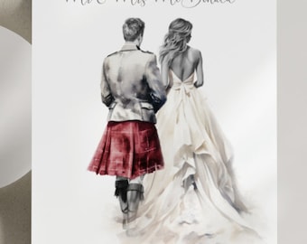 Handmade Scottish Wedding Card - Traditional Scottish Couple Design - Tartan Kilt - Personalised Wedding Card - Scottish Wedding Gift
