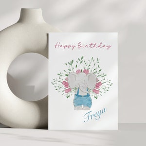Une carte en anglais ou en gallois pour toute occasion | Éléphant mignon tenant des fleurs | carte florale d'éléphant | Carte personnalisée éléphant