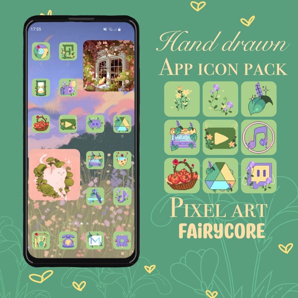 Fairycore / Cottagecore Aesthetic iOS 14 app iconen / Android Pixel Hand getrokken