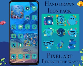 Summercore / Ocean aesthetic iOS 14 app icons / Android Pixel Hand drawn