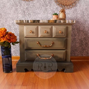 Vintage Refinished Green & Gold Marble Look Nightstand or Side Table