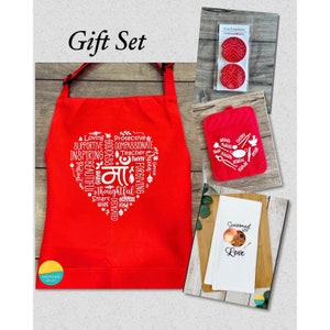 Mother’s Day Gift Set: Red Bandhani Print Car Coasters, Set of 2 Coasters, Kitchen Pot Holder, Apron and Tea Towel Set, Indian Mom Gift Set